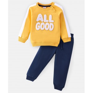 Babyhug 100% Cotton Full Sleeves T-Shirt and Lounge Pant with All Good Embellished - Yellow & Blue, 12-18m