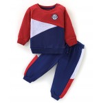 Babyhug 100% Cotton Full Sleeves T-Shirt & Lounge Pant Set Color Block- Blue Red & White, 9-12m