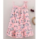 Babyhug Singlet Sleeves Frock With Floral Print & Shoulder Tie Up - Pink, 18-24m