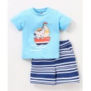 Babyhug Cotton Knit Half Sleeves T-Shirt & Shorts Set Boat Print - Navy Blue, 9-12m