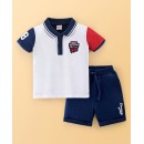 Babyhug 100% Cotton Knit Half Sleeves T-Shirt & Shorts Set Sports Patch - White & Navy Blue, 12-18m