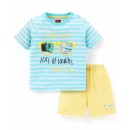 Babyhug 100% Cotton Half Sleeves T-Shirt and Shorts Stripes & Text Print - Blue & Yellow, 18-24m