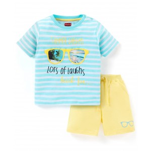 Babyhug 100% Cotton Half Sleeves T-Shirt and Shorts Stripes & Text Print - Blue & Yellow, 3-4yr