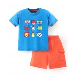 Babyhug 100% Cotton Knit Half Sleeves Panda Print T-Shirt & Shorts Set - Blue & Orange, 6-9m