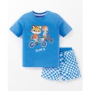 Babyhug 100% Cotton Half Sleeves T-Shirt And Shorts Tiger & Monkey Print - Blue, 6-9m
