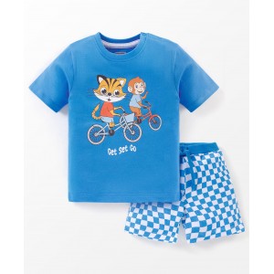 Babyhug 100% Cotton Half Sleeves T-Shirt And Shorts Tiger & Monkey Print - Blue, 18-24m