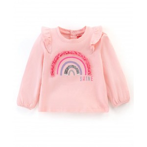 Babyhug 100% Cotton Full Sleeves T-Shirt Sequin Embroidery & Frill Detailing - Pink, 6-9m