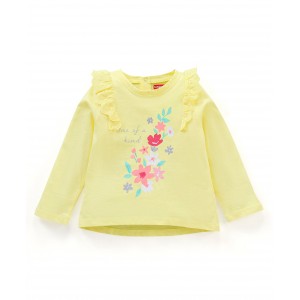 Babyhug Full Sleeves Top with Floral Graphics & Frill Detailing - Yellow, 6-9m