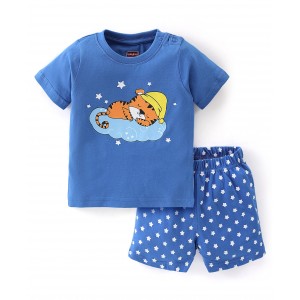 Babyhug Cotton Knit Half Sleeves Night Suit with Star Print - Blue, 2-3yr