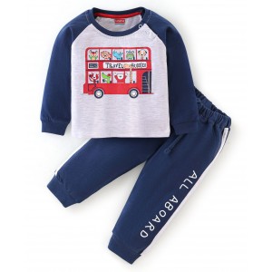 Babyhug 100% Cotton Raglan Sleeves T-Shirt & Lounge Pant Set Bus Print - Blue & White, 9-12m