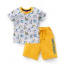 Babyhug 100% Cotton Single Jersey Half Sleeves T-Shirt & Shorts Set Vehicles Print - Grey & Yellow, 12-18m
