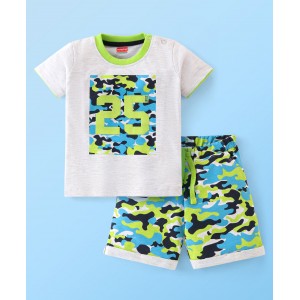 Babyhug Cotton Knit Half Sleeves T-Shirt and Shorts Set Camouflage Print - White & Green, 18-24m