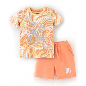 Babyhug 100% Cotton Knit Half Sleeves T-Shirt and Shorts Set Palm Tree Print - Orange, 18-24m