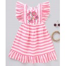 Babyhug Rayon Half Sleeves Striped Frock Floral Embroidered - Pink, 9-12m