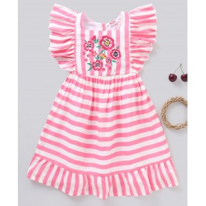 Babyhug Rayon Half Sleeves Striped Frock Floral Embroidered - Pink, 9-12m