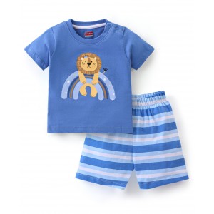 Babyhug Cotton Half Sleeves Night Suit Lion & Stripes Print- Blue, 4-5yr