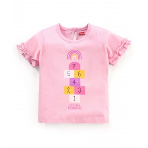 Babyhug Cotton Half Sleeves Top With Graphics and Frill Detailing - Pink, 6-9m