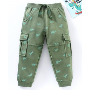 Babyhug Cotton Full Length Lounge Pants Dino Print - Olive, 12-18m