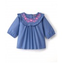 Babyhug Cotton Chambray Three Forth Sleeves Top With Floral Embroidery & Frill Detailing - Blue, 2-3yr