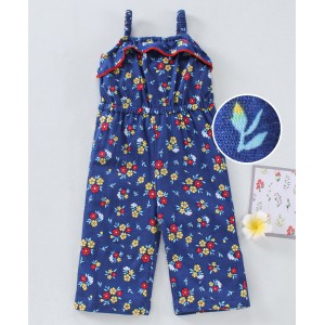 Babyhug 100%Cotton Singlet Jumpsuit Floral Print - Navy Blue, 5-6yr