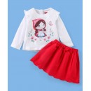 Babyhug Cotton Knit to Woven Full Sleeves Little Red Riding Hood Printed Top & Skirt With Bow - White, 9-12m
