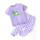 Babyhug Cotton Half Sleeves Night Suit Checks & Dino Print- Purple, 12-18m