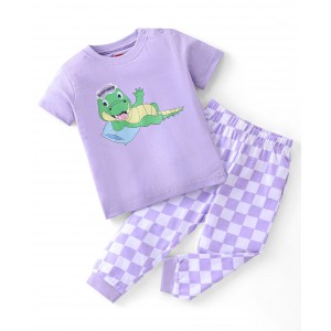 Babyhug Cotton Half Sleeves Night Suit Checks & Dino Print- Purple, 12-18m