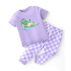 Babyhug Cotton Half Sleeves Night Suit Checks & Dino Print- Purple, 18-24m