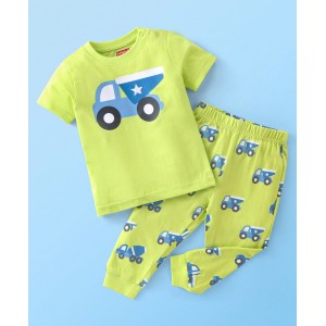 Babyhug Cotton Half Sleeves Night Suit Truck Print- Lime, 18-24m