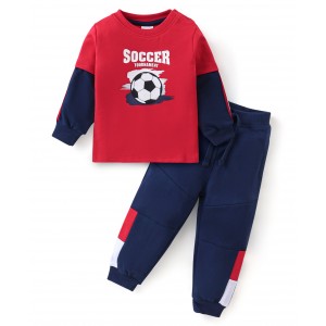 Babyhug 100% Cotton Knit Full Sleeves T-Shirt & Lounge Pant With Soccer Print - Red & Blue, 9-12m