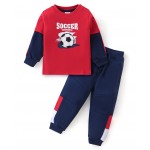 Babyhug 100% Cotton Knit Full Sleeves T-Shirt & Lounge Pant With Soccer Print - Red & Blue, 18-24m