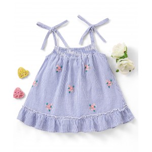 Babyhug 100% Cotton Seersucker Yarndyed Stripe Embroidered Singlet Frock Floral Print - Blue & White, 9-12m