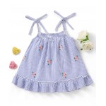 Babyhug 100% Cotton Seersucker Yarndyed Stripe Embroidered Singlet Frock Floral Print - Blue & White, 2-3yr