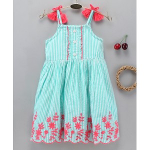 Babyhug Singlet Yarn Dyed Frock Floral Embroidered - Mint, 12-18m
