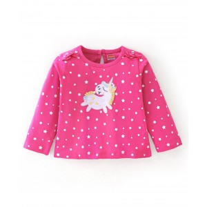 Babyhug Cotton Knit Full Sleeves Unicorn Patch Tee With Graphics and Applique Detailing - Pink, 9-12m