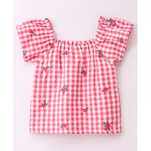 Babyhug Cotton Yarn Dyed Woven Half Sleeves Checks Top With Frill & Embroidery Detailing- Peach & White ,6-9m