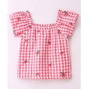 Babyhug Cotton Yarn Dyed Woven Half Sleeves Checks Top With Frill & Embroidery Detailing- Peach & White ,9-12m