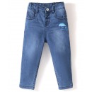 Babyhug Cotton Spandex Full Length Stretchable Washed Denim Jeans with Surf Embroidery - Blue, 3-4yr