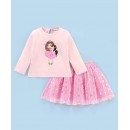 Babyhug Full Sleeves Cotton Top with Applique  & Fancy Mesh Skirt with Foil Star Print - Pink, 9-12m