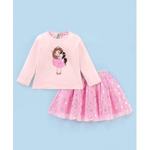 Babyhug Full Sleeves Cotton Top with Applique  & Fancy Mesh Skirt with Foil Star Print - Pink, 9-12m