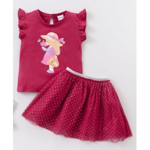 Babyhug Short Sleeves Knit Top & Knee Length Fancy Mesh Skirt  With Foil - Maroon, 6-9m