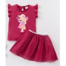 Babyhug Short Sleeves Knit Top & Knee Length Fancy Mesh Skirt  With Foil - Maroon, 9-12m