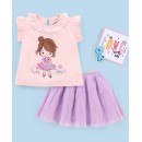 Babyhug Frill Sleeves Cotton Top & Skirt Set With Net Detailing Placement Print- Pink Lilac, 6-9m
