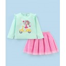 Babyhug Full Sleeve Glitter Printed Top & Skirt Set in Fancy Mesh - Mint & Lilac, 12-18m