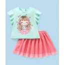 Babyhug Cotton Knit Short Sleeves Printed Top & Fancy Mesh Glitter Skirt - Light Blue & Pink, 18-24m
