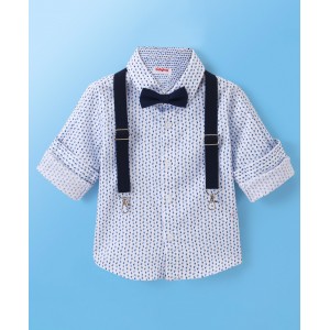 Babyhug Full Sleeves Party Wear Shirt with Bow & Suspender Semi Circle Print - White, 2-3yr