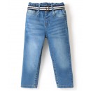 Babyhug Cotton Spandex Full Length Stretchable Washed Jeans with Fabric Belt - Blue, 5-6yr