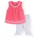 Babyhug 100% Cotton Knit Sleeveless Embroidered Top and Capris Set - Peach & Grey, 2-3yr