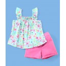 Babyhug 100% Cotton Knit Sleeveless Floral Print Top & Woven Shorts - Mint & Pink, 6-9m