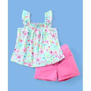 Babyhug 100% Cotton Knit Sleeveless Floral Print Top & Woven Shorts - Mint & Pink, 6-9m